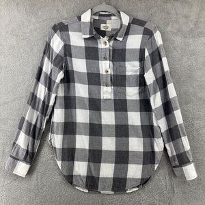 Marine Layer Top Women S Gray Popover Buffalo Plaid Clara 1/4 Button Long Sleeve